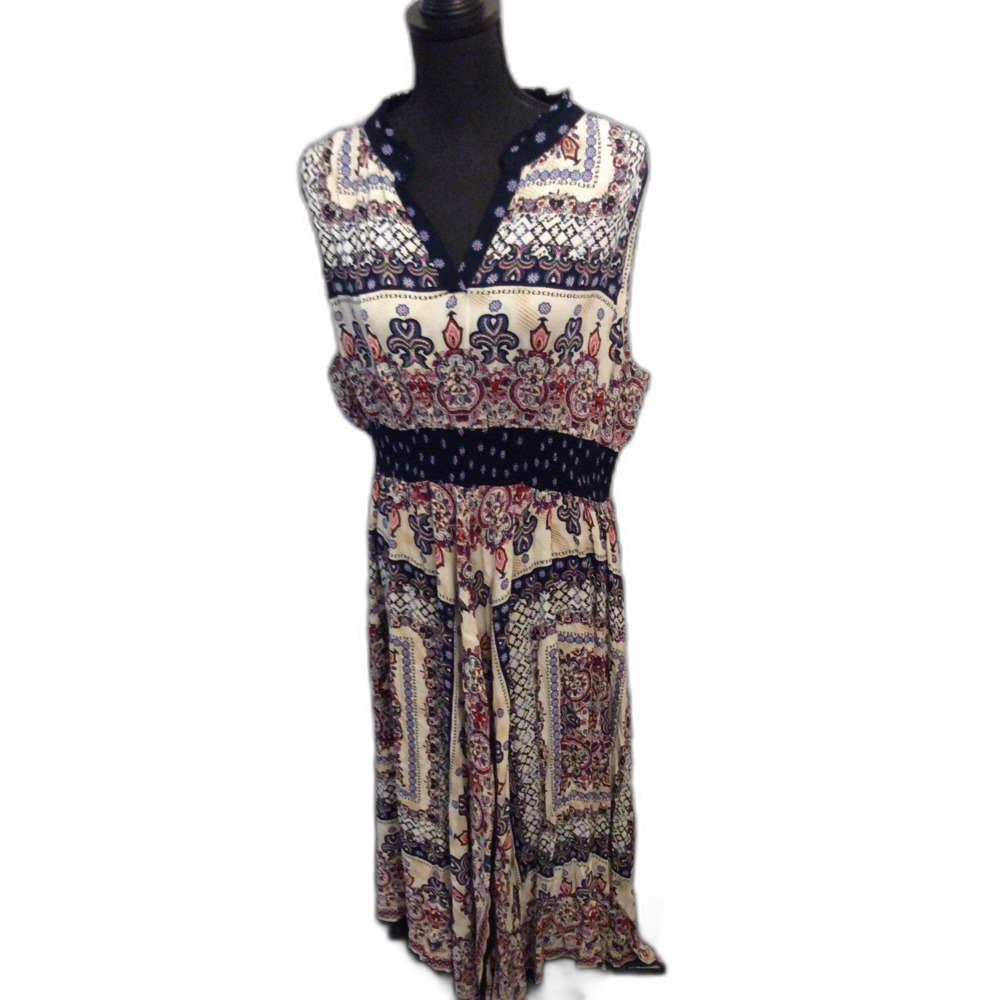 Bila BoHo Maxi Asymmetrical Paisley Smocked Plus XXL Hippie Multicolor Dress